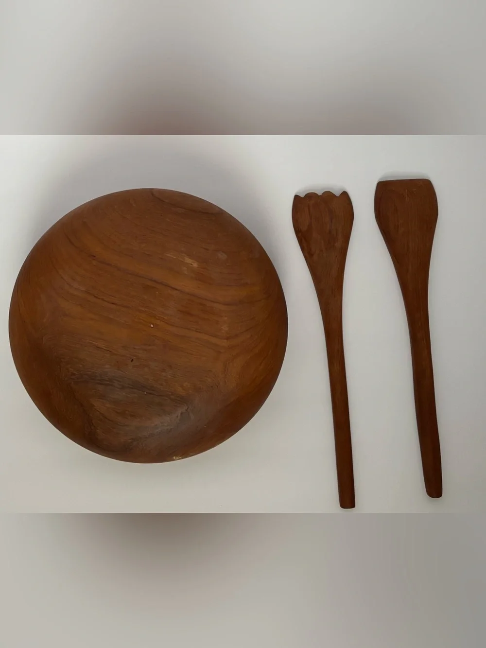 Vintage Mid-Century Modern Teak Salad Bowl Set with Matching Utensils